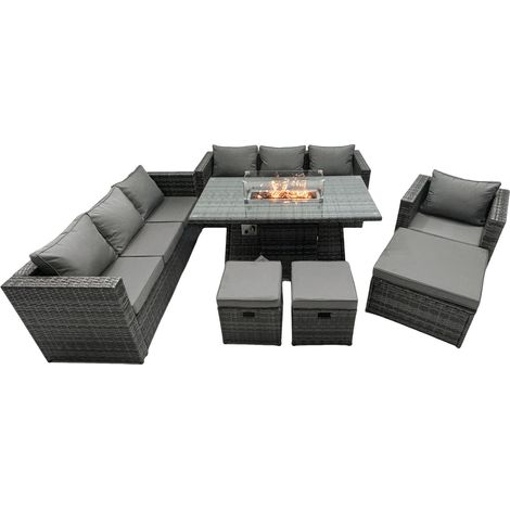 Fimous Rattan Gartenmöbel Set 10-Sitzer Garten Sofa Gas Feuertisch Set mit 3 Hockern (1/5)