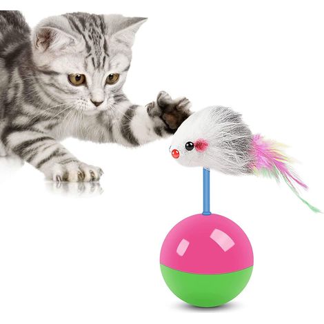 Jouet pour chat souris debout, boule de souris interactive avec plumes colorées, jouet pour chat souris gobelet pour chats, chiens et animaux de compagnie (1/2)