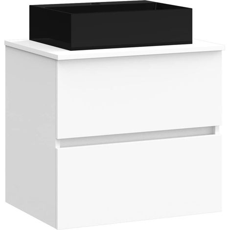 Meuble de Salle de Bain Onyx Black, 2 tiroirs, Suspendu au Mur, avec lavabo en céramique Noir Mat, mélamine 16 mm. Meuble monté. Lavabo rectangulaire/sans Miroir, 70 cm, Blanc (1/5)