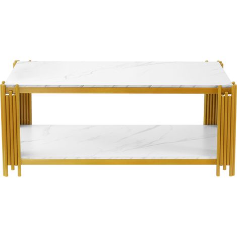 CHICFURN Tavolino basso rettangolare 114x64 cm MDF bianco finitura marmo gambe in metallo dorato (1/5)