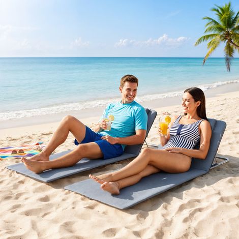 Outsunny Lot de 2 Tapis de Plage rembourré - lot de 2 Matelas de Plage - nattes de Plage - Dossier inclinable Multi-Positions - Sac Transport Inclus - métal Polyester PE Gris