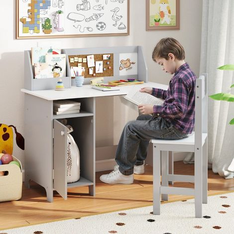 Children's Desk with Chair, Wooden Bulletin Board and Bookshelf for Living Room or Children's Bedroom, Ages 3+, Grey (1/5)