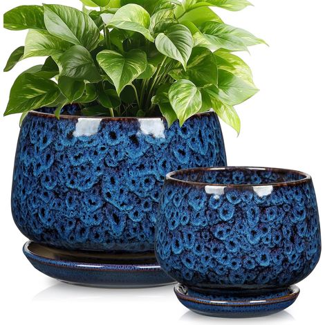 Lot de 2 pots de fleurs en céramique avec trou de drainage pour plantes d'intérieur, décoration rétro pour jardinières en extérieur - Diamètre 19 cm/15 cm (1/5)