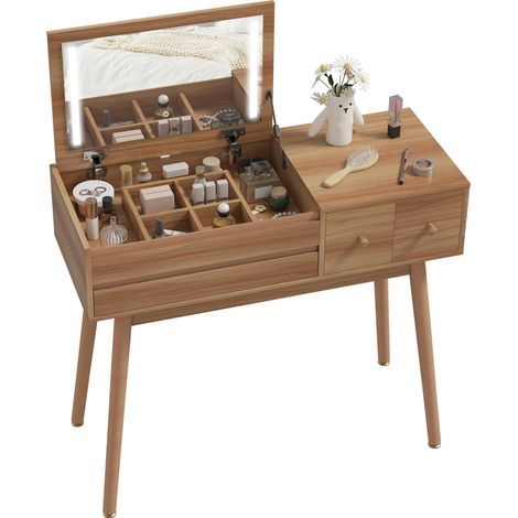 Table de Maquillage avec Miroir Lumineux LED et Rangement en Bois, 100x40x87 cm