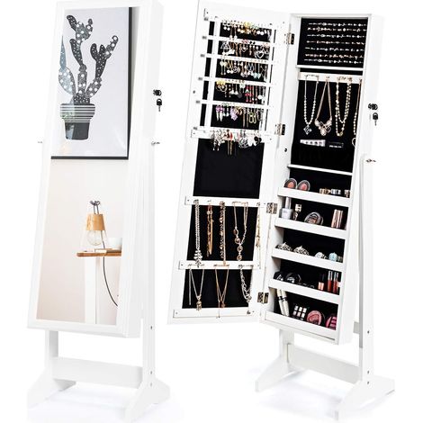 GOPLUS Armoire à Bijoux avec Miroir sur Pied, 41x36,5x146 cm, Grande Capacité de Rangement avec Compartiments pour Boucles, Colliers, Maquillage, Réglable sur 4 Positions, Verrou de Sécurité(Blanc) (1/5)