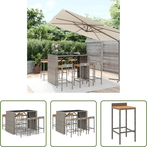 Tabouret de bar - Ensemble de bar jardin 7 pcs gris poly rotin/bois massif acacia (1/5)