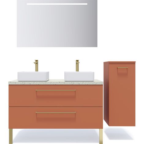 Meuble de salle de bain suspendu 2 vasques à poser 120cm 2 tiroirs Terracotta + miroir + colonne ouverture droite - Glasgow (1/5)