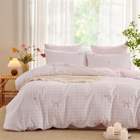 Housse de Couette 140x200 à Carreaux Vichy Rose Parure de lit 1 Personne Filles Femmes avec Fermeture Éclair Sets de Housse Amour en Microfibre avec Une Taie d'oreiller 65 x 65cm (1/5)