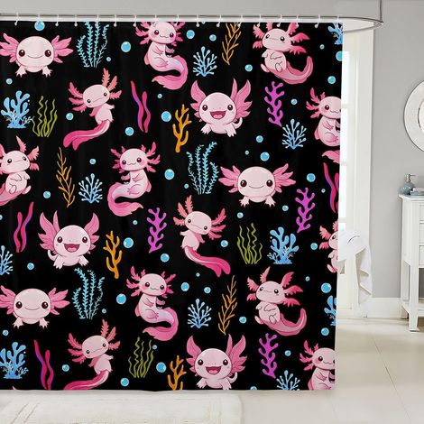 Rideau Douche 180x210cm Axolotl Rideaux de Douche Algue Corail Rideau de Baignoire Animal Dessin Animé Rideaux Salle de Bain Faune Monde sous Marin - 180L X 210H cm (1 Panneaux) (1/5)