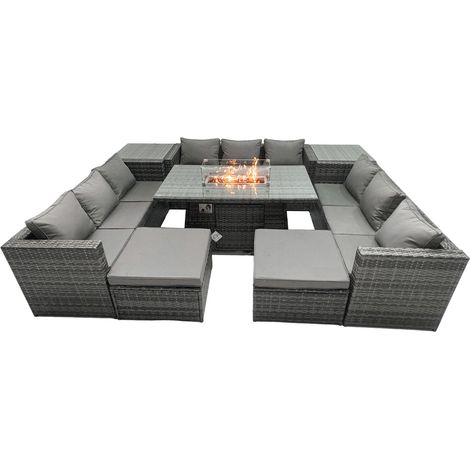 Fimous Ensemble de meubles de jardin en rotin ave Table de foyer à gaz 10 places Patio avec 2 Tables d'appoint (1/5)
