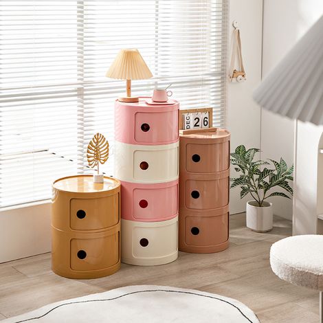 Table de chevet ronde vintage bicolore, idéale pour les petits appartements, avec rangement intégré, style minimaliste nordique, meuble de rangement pour chambre, rose + blanc cassé + rose + blanc cas (1/5)