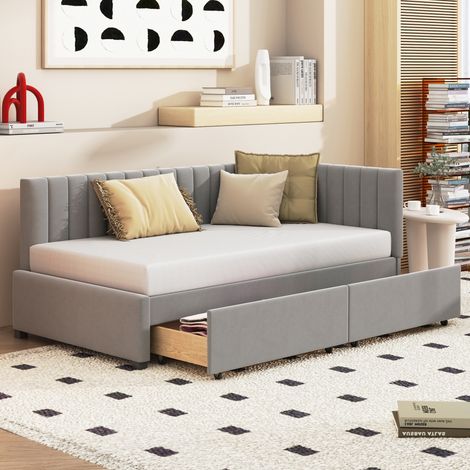 Lit de jour rembourré Mid-Century gris 90x200 cm avec tête de lit, accoudoirs, 2 tiroirs et sommier à lattes (1/5)