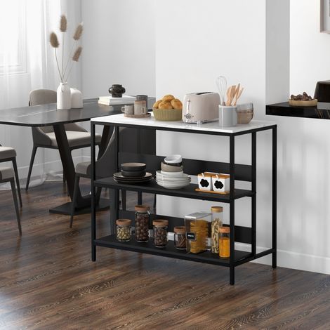 Îlot de Cuisine avec Étagères, Plateau Effet Marbre et Structure en Métal, 100x50x90cm, Noir et Blanc (1/5)