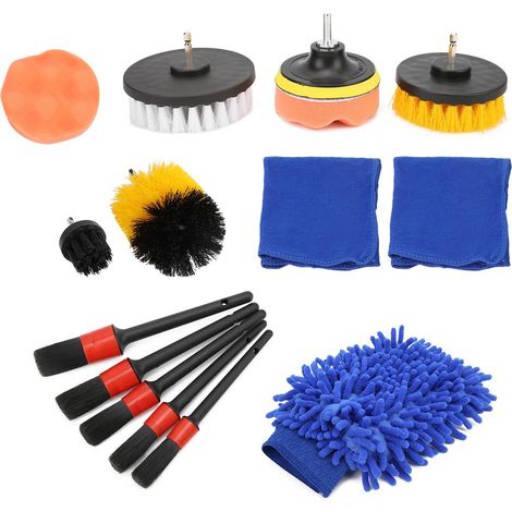 Kit de 15 pièces pour le nettoyage automobile, comprenant brosse rotative, chiffon de polissage, gant de lavage et brosse pour jantes, tableau de bord et moteur. (1/5)