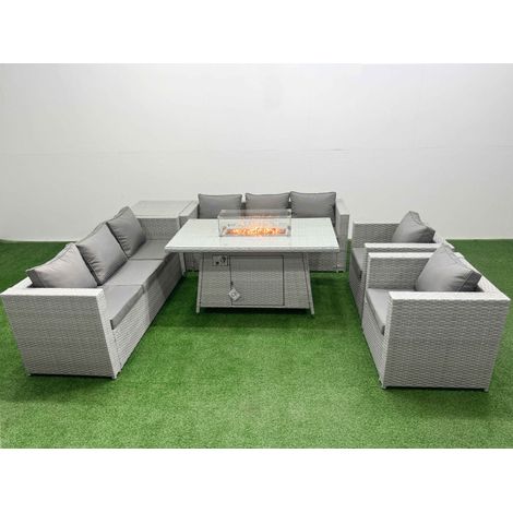 Fimous 8 Seat PE Rattan Lounge Sofa Set Outdoor Garden Furniture Set with Firepit Dining Table 3 Seater Sofa Side Table Light Grey (1/5)