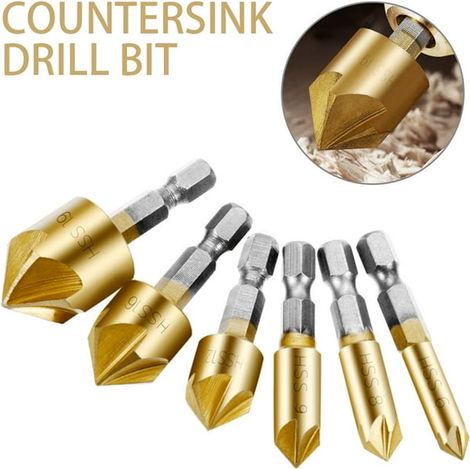Set di punte per trapano svasatore esagonale in acciaio rapido da 1/4", coltello per smussatura Baban da 6 pezzi con 5 lame, punzone centrale a 90° con rivestimento in titanio