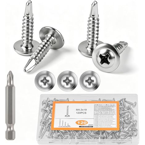 120 PcsVis Autoforeuse Metal, M4,2 x 19 mmVis Autoperforante,Vis Autotaraudeuses à tête plate Inox, Vis Autoperceuses pour Bac Acier, Toiture de Tôles Ondulées, métalliques, plastique (1/5)
