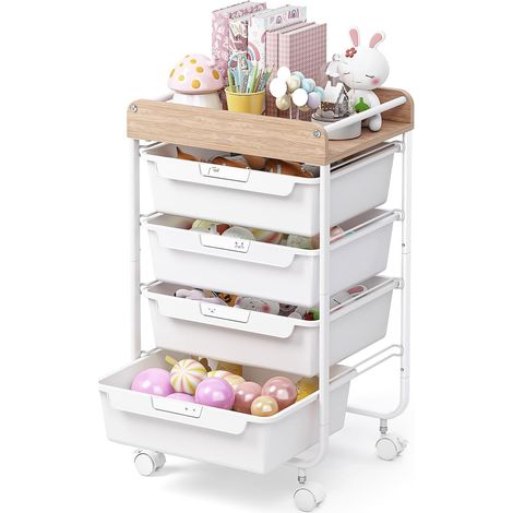 Chariot à 4 tiroirs avec roulettes et boîte de rangement - Chariot multifonction en plastique avec étagères en bois - Convient pour salle de bain, cuisine, salon et bureau - Disponible en différentes, (1/5)