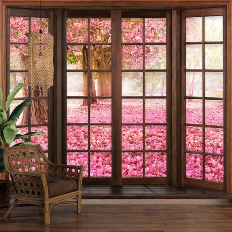 Papier peint panoramique Trompe l'oeil Fenêtre en bois - Arbres fleurs roses - 130 cm x 104 cm (1/5)