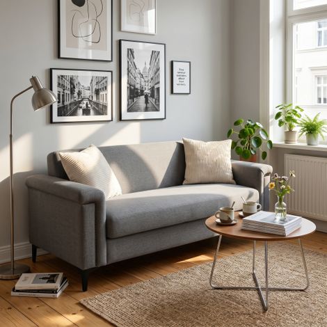 FX-P22EU-LG (SOFA 557-8)Elegantes skandinavisches Sofa – Feines Leinengewebe, solides Holzgestell & Metallbeine, komfortabel für modernes Wohnen