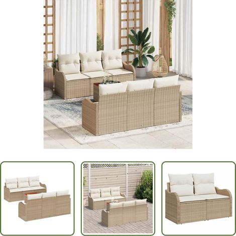 Gartentisch -  Gartensofa-set mit Kissen 7 pcs Beige Poly-Rattan (1/5)