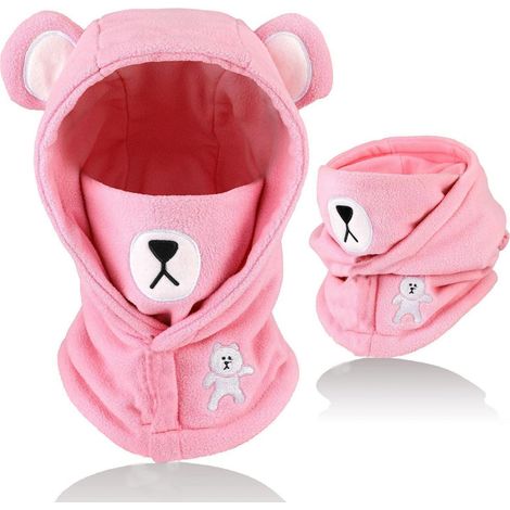 Cagoule d'hiver enfant polaire 4-12 ans, masque coupe-vent réglable, bonnet chaud ours rose (1/5)