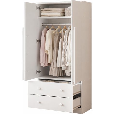 Armoire penderie 2 portes avec 2 tiroirs et étagère, meuble de rangement blanc 70 x 40 x 170 cm, gain de place pour chambre, dressing ou entrée  CHICFURN (1/5)