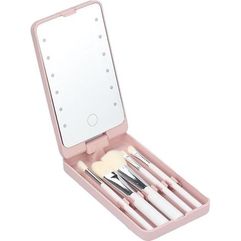 Miroir de maquillage rotatif à LED avec 5 pinceaux cosmétiques, miroir de voyage portable, rose clair (1/5)