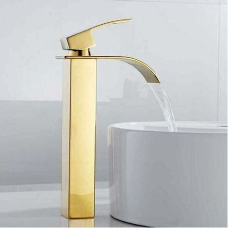 Robinet de salle de bain, bec de lavabo cascade haut, mitigeur carré chromé moderne pour eau chaude et froide, installation monotrou (doré) (1/4)
