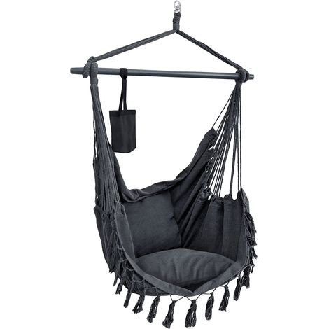 Asiento colgante de aranga con flecos con 2 cojines y portabebidas gris oscuro 030008285