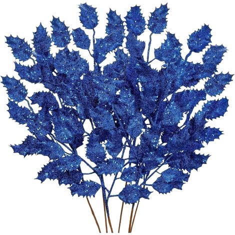 6er Set Kunstzweige Weihnachtsdeko Eichenblätter Glitzernd 58CM Blau (1/5)