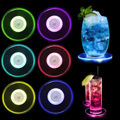 Sous-verres LED avec 7 modes d'éclairage, verres lumineux, lumières étanches pour fêtes en verre, mariages, bars et Noël, 6 pièces (1/5)