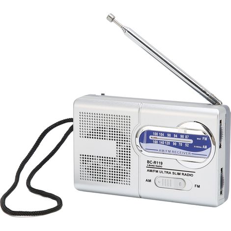 Klassisches silbergraues, multifunktionales tragbares AM/FM-Taschenradio, batteriebetrieben, für Zuhause, Wandern, Radfahren und Reisen (1/5)