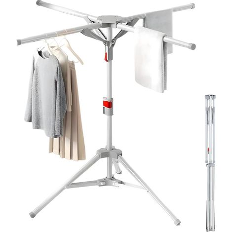 Séchoir à Linge Etendoir à Linge Pliable Intérieur et Extérieur,Hauteur Réglable 130-180cm, Sèche Linge avec 4 Bras de Crochet, Gris (1/5)
