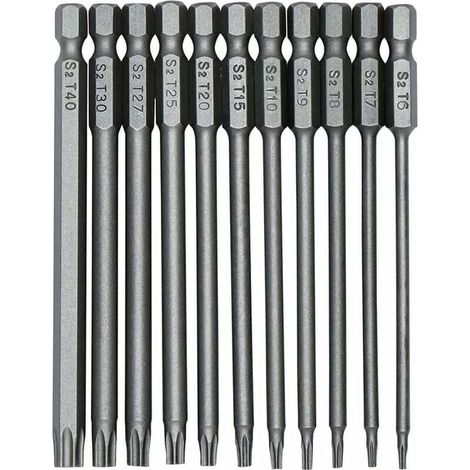 11 embouts de tournevis Torx S2 100 mm, tige hexagonale de 1/4 pouce, embout de tournevis de sécurité magnétique de précision T6-T40, tournevis à tête Torx longue. (1/5)