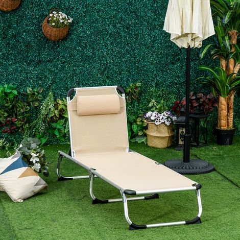 Lettino da esterno pieghevole in alluminio beige con cuscino removibile e schienale regolabile 165x60x76 cm (1/5)