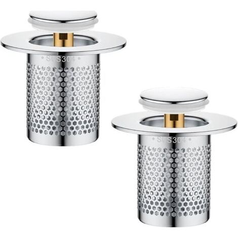 Lot de 2 crépines de vidange en acier inoxydable pour évier de cuisine, bouchon de vidange escamotable avec filtre à cheveux, crépine de sol en acier inoxydable pour salle de bain et baignoire (1/5)