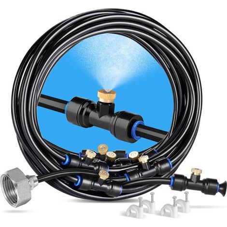 Système d'irrigation, tuyau de brumisation de 15 m + 7 buses de brumisation en laiton + raccords en laiton (3/4 pouce), pour l'irrigation du jardin, l'arrosage des plantes et T (1/5)