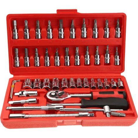 46 PCS 1/4 "Pobinet d'entraînement et bits avec un outil de vélos à cliquet réversible et un boîtier de stockage （rouge） (1/5)