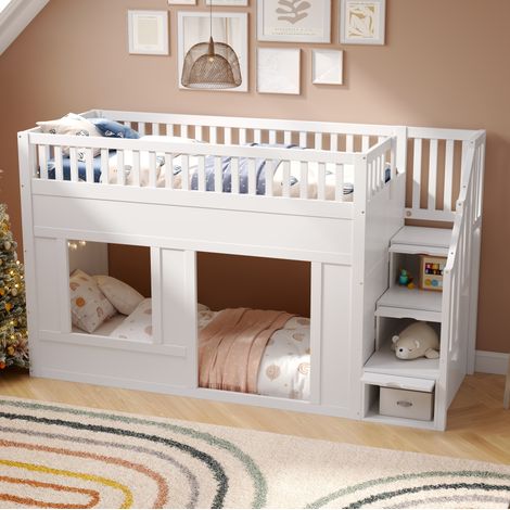 Letto a castello 251.5x95x150.5 cm, con scala contenitore e spazio inferiore multifunzionale, legno massello, bianco (1/5)