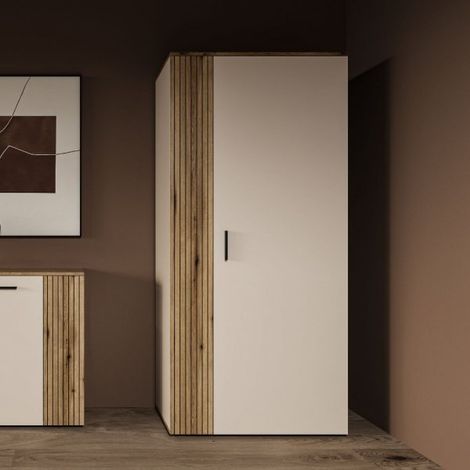 Armadio Frezo08 2 ante battenti con dettaglio a listelli verticali colore cashmere e rovere evoque
