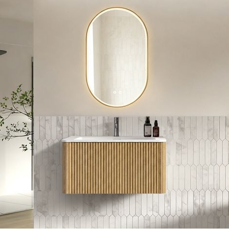 Set mueble de baño suspendido 80 cm con espejo LED ovalado 50 x 80 cm efecto roble (1/5)