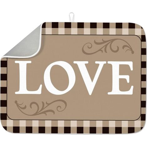 Tapis d'égouttoir à vaisselle à carreaux marron pour cuisine, tapis d'égouttoir à vaisselle absorbant en microfibre avec texte d'amour, 45,7 x 61 cm, lavable pour comptoir, café, bar (1/5)