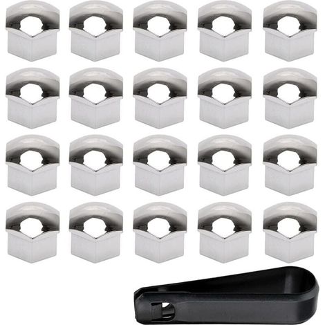20 Pièces 19mm Capuchon d'écrou de Roue de Voiture Cache-écrous Bouchon d'écrou de Roue Couvre avec Ensemble Outil de Suppression Argent