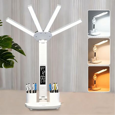 Lampe de bureau LED avec horloge, pliable, 3 modes d'éclairage, 2000 mA, dimmable, liseuse avec protection des yeux (1/5)