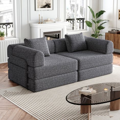 Divano letto 2 in 1 in ciniglia grigia con vano contenitore nel bracciolo DESVIAE (1/5)