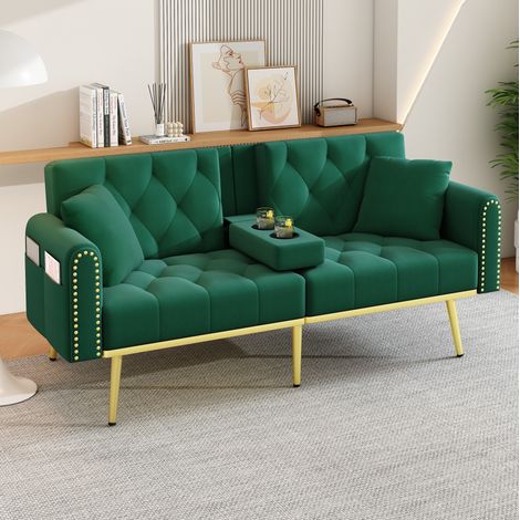 Schlafsofa 175x80x73.5 cm grün aus Samt mit verstellbarer Rückenlehne und Getränkehalter (1/5)