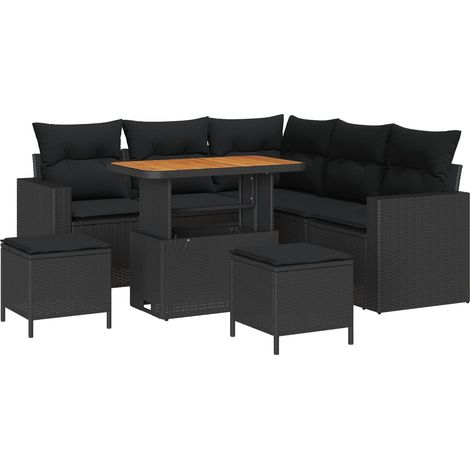 Garden Sofa Set with Cushion 9 pcs Black Poly Rattan vidaXL