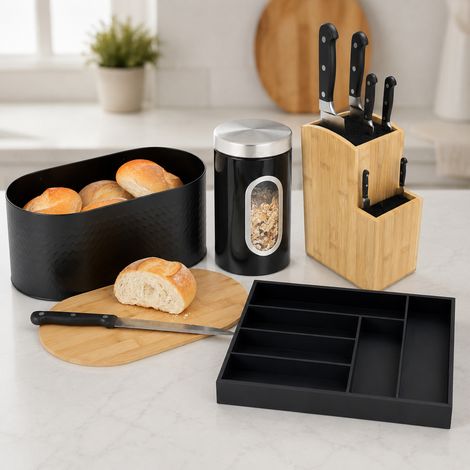 Set da cucina in bambù (4 pezzi) - Barattolo con finestra, ceppo portacoltelli, contenitore per il pane e vassoio portaposate (1/5)