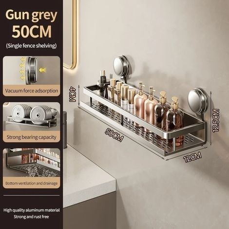 (Gris XP 50 cm) Étagère de salle de bain adhésive à ventouses, sans perçage, en aluminium, à suspendre au mur. (1/5)